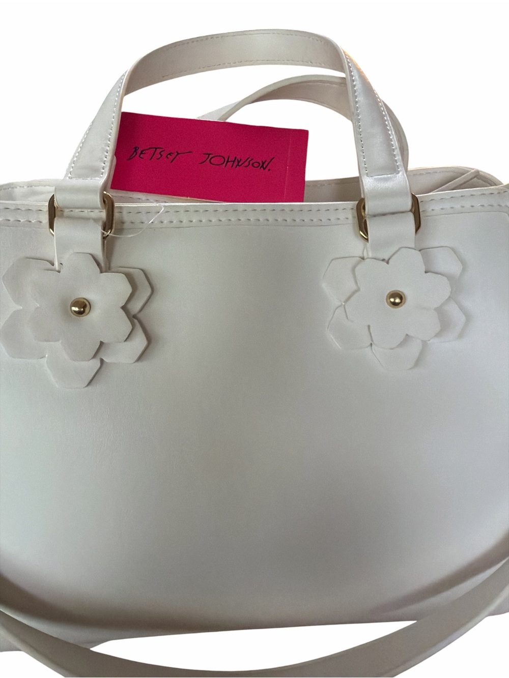 Betsy Johnson White Pink Multi 3-D Applique Floral Butterfly Charm Satchel Bag - Picture 4 of 9
